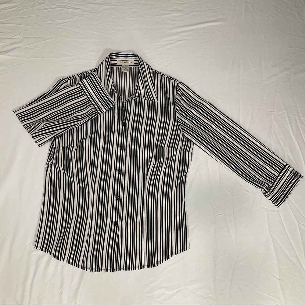Notations black and white striped button up shirt